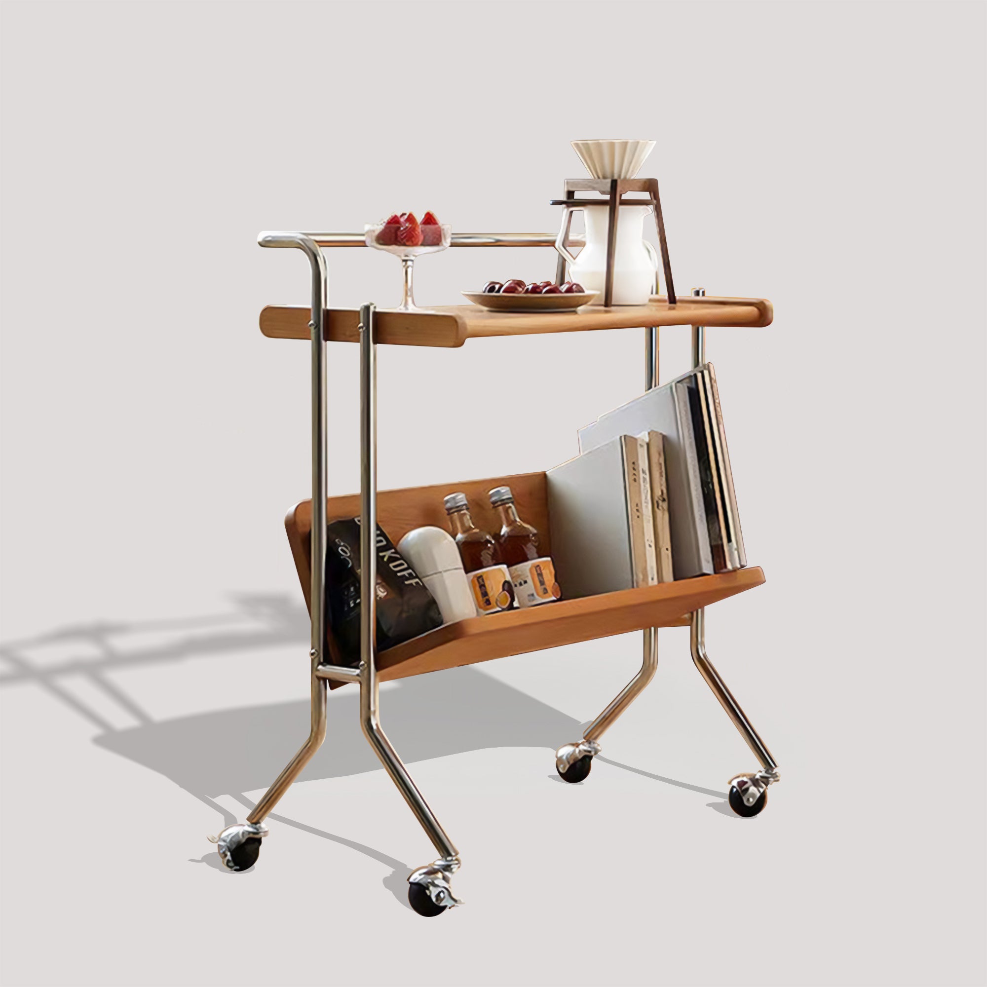 White Background Image of Pootoo's Vintage Mobile Small Cart Storage Rack, showcasing its classic vintage design and multifunctional storage capabilities, suitable for various interior settings.
