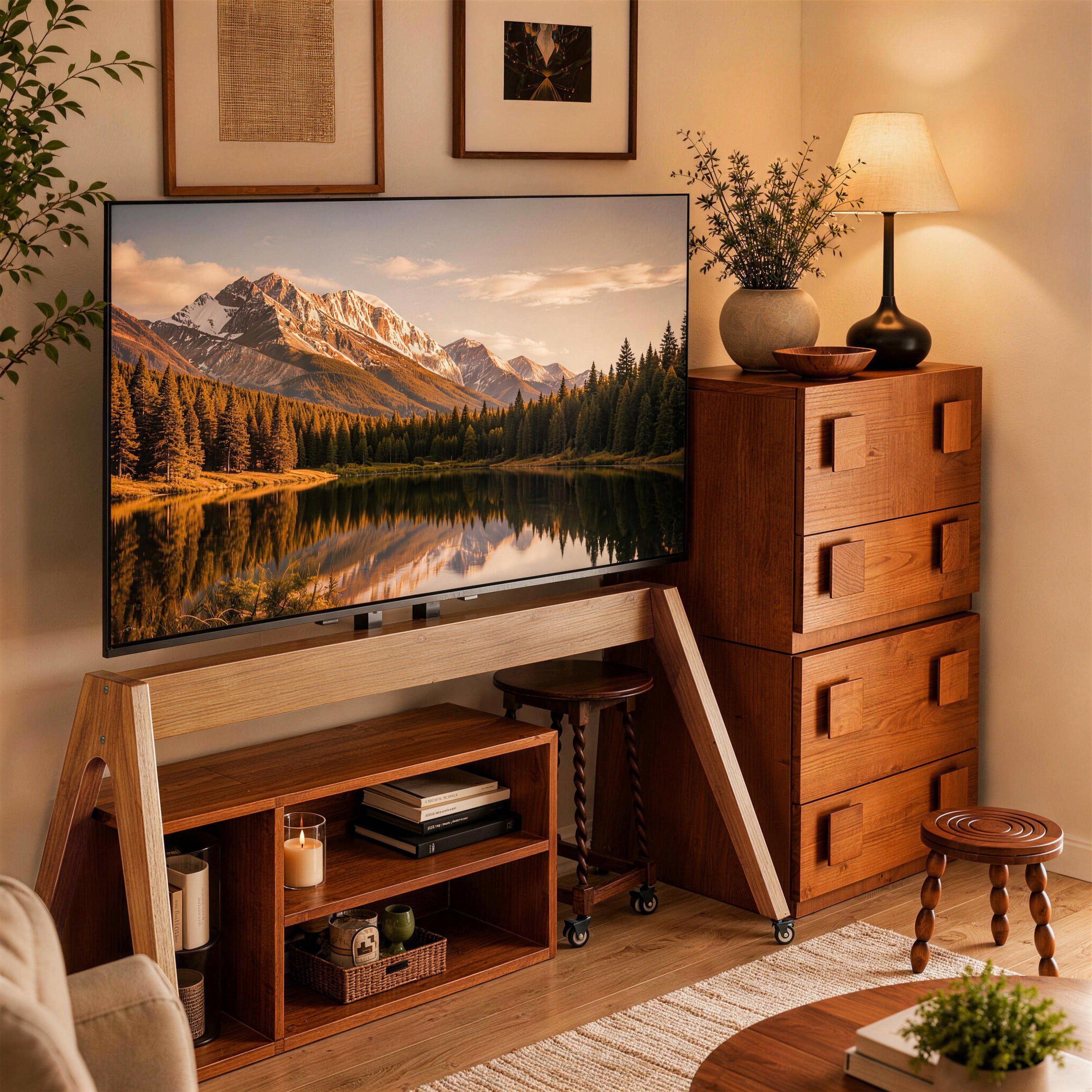Solid Oak Rolling TV Stand for 50-86