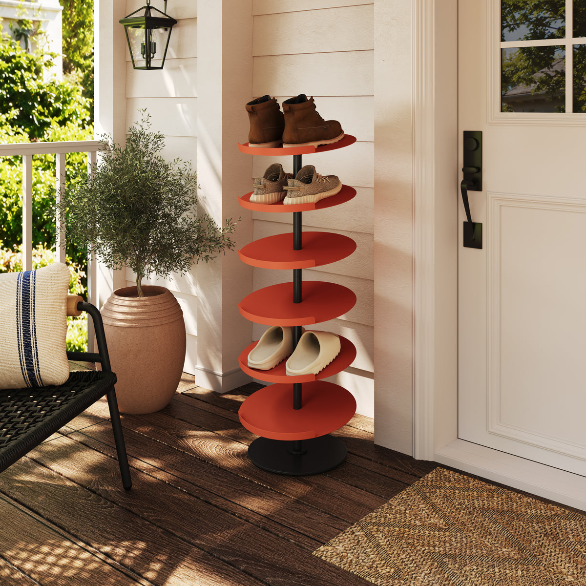 Creative Multi-Layer Shoe Rack with Red Round Trays, Vertical Sloping ...