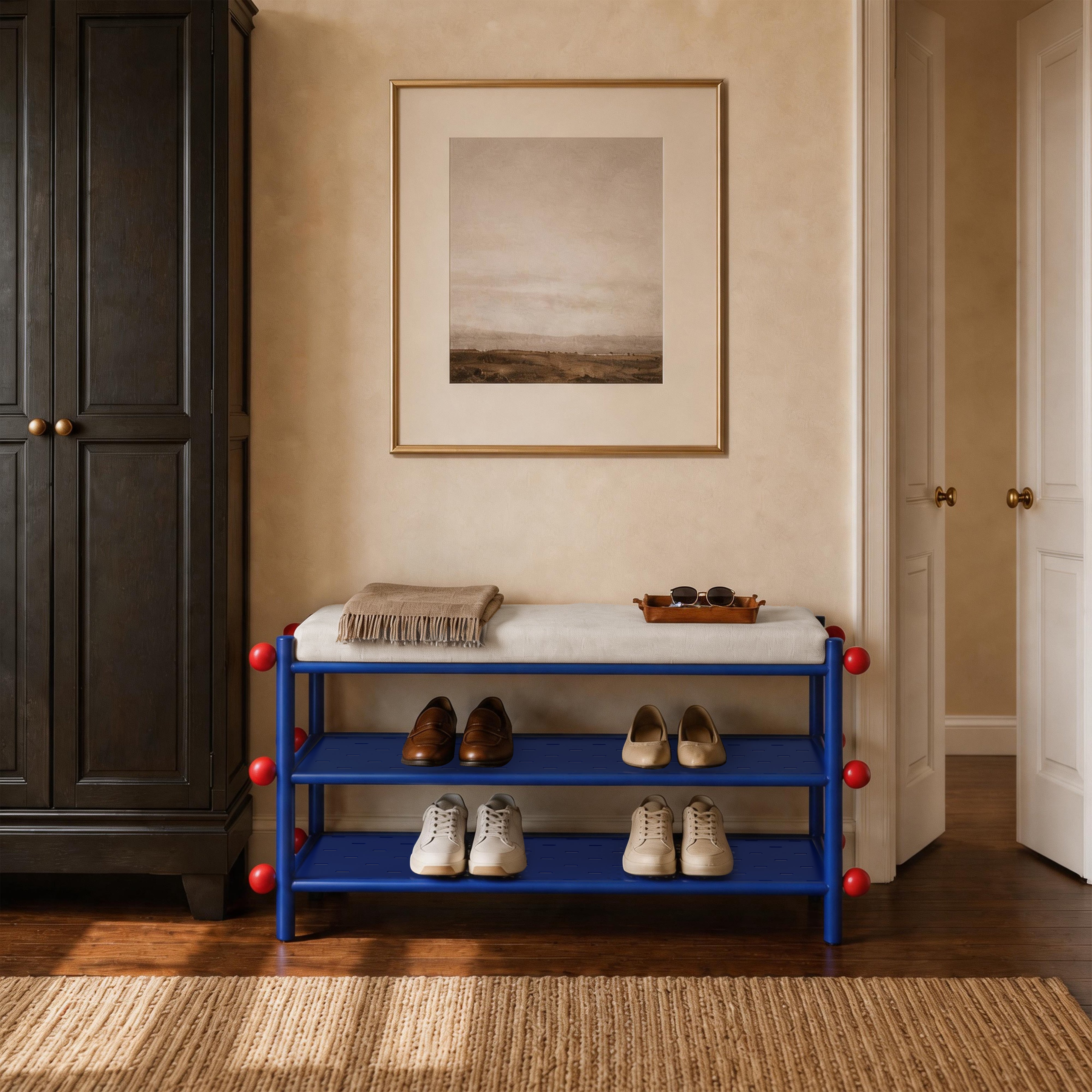 Navy Shoe Storage Bench – 2-Tier Metal Frame, Padded Seat – POOTOO