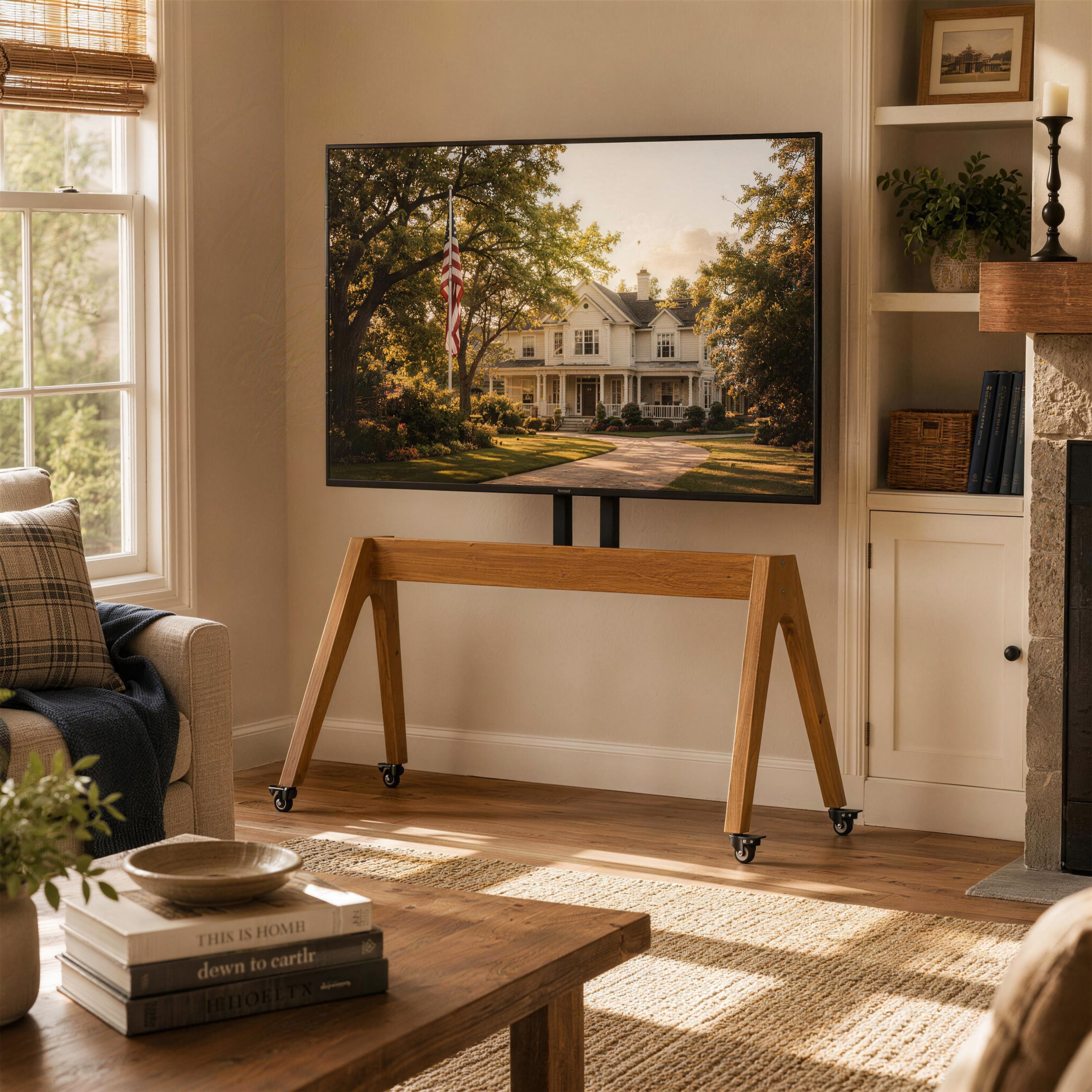【TOROY】TVローボード Solid Oak Rolling TV Stand for 50-86
