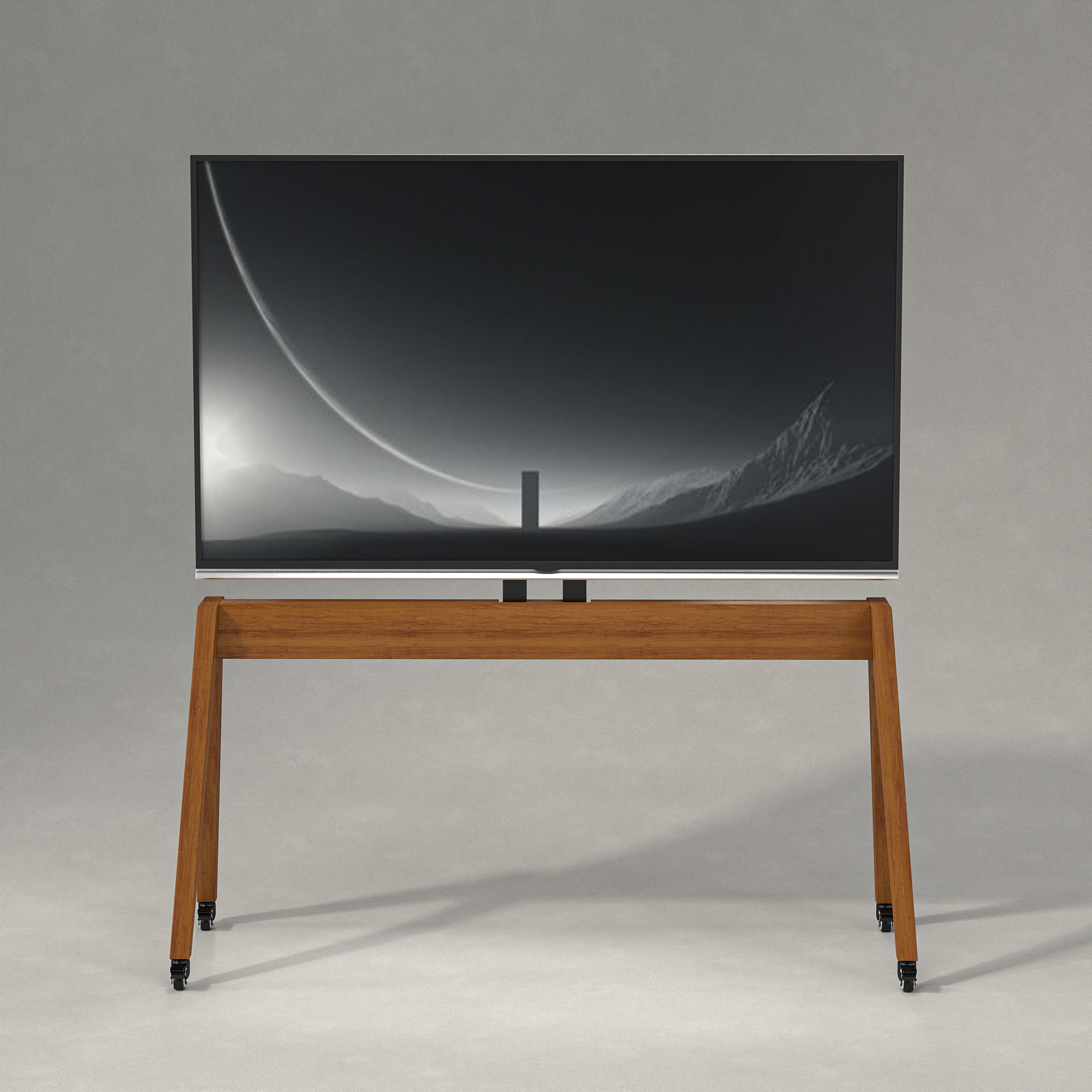 Front View White Background Image of Pootoo's MCM Mobile TV Stand with TV, showcasing its minimalist and elegant design, perfectly suited for modern home settings.