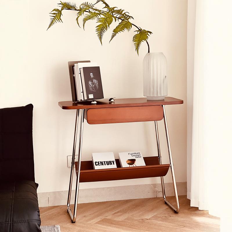 POOTOO Amara compact makeup vanity in mahogany with saddle leather side rack