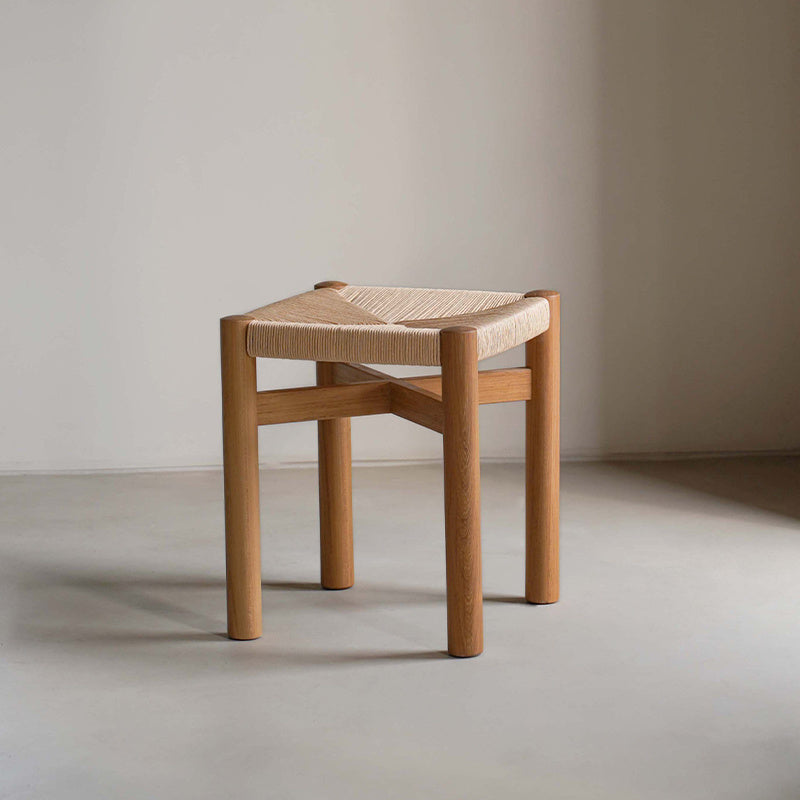 POOTOO's Solid Wood & Woven Straw Vintage Low Stool Overall Display Image Showcasing the timeless design and natural materials of this low stool, perfect for enhancing your space with rustic elegance and practicality.