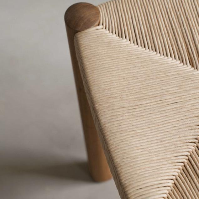 POOTOO's Solid Wood & Woven Straw Vintage Low Stool Top Detail Image Showcasing the texture and craftsmanship of the woven straw seat, highlighting the elegant design and inviting charm of this vintage low stool.