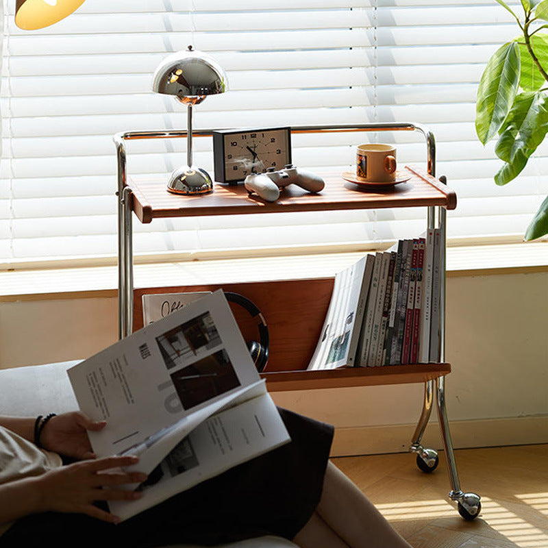 Pootoo's Vintage Mobile Small Cart Storage Rack displayed beside the sofa, offering convenient placement for items. Its vintage style complements the modern home environment, perfectly suited for drinks and books.